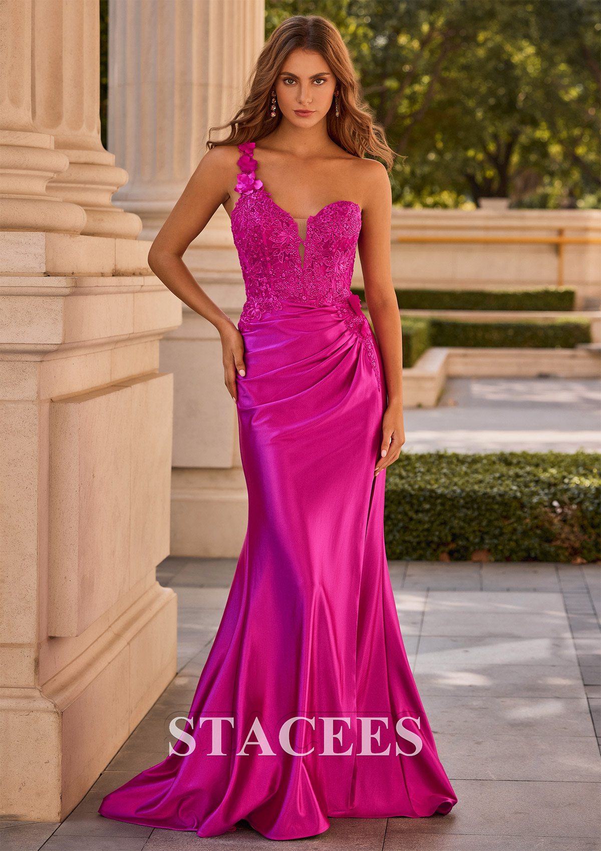 Fuchsia Trumpette/Sirène une épaule soie comme du satin traîne balayage robe de bal - STACEES