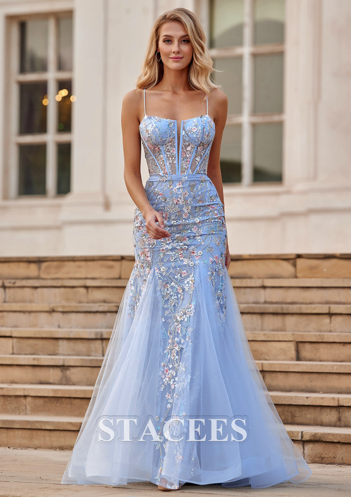 Bleu Ciel Trumpette/Sirène scoop tulle traîne balayage robe de bal - STACEES