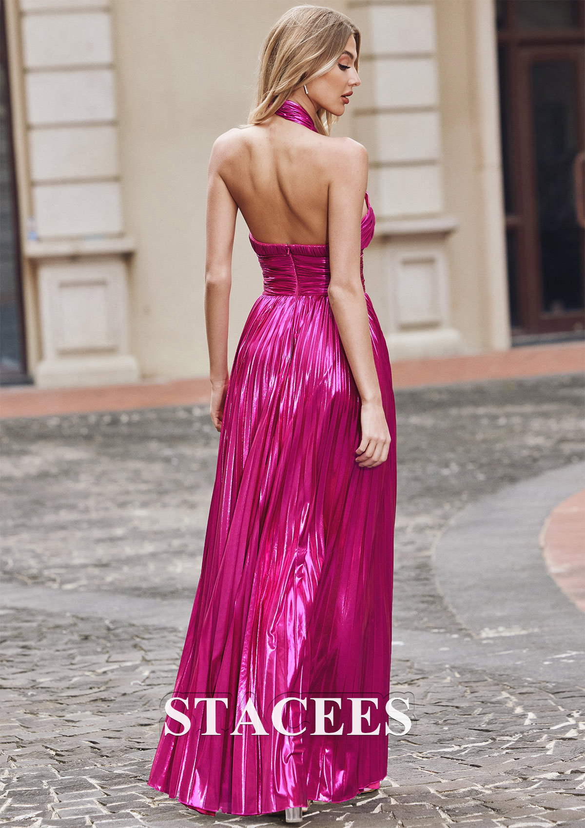 Fucsia Vestido línea a cuello halter metálico hasta el suelo vestido de graduación - STACEES