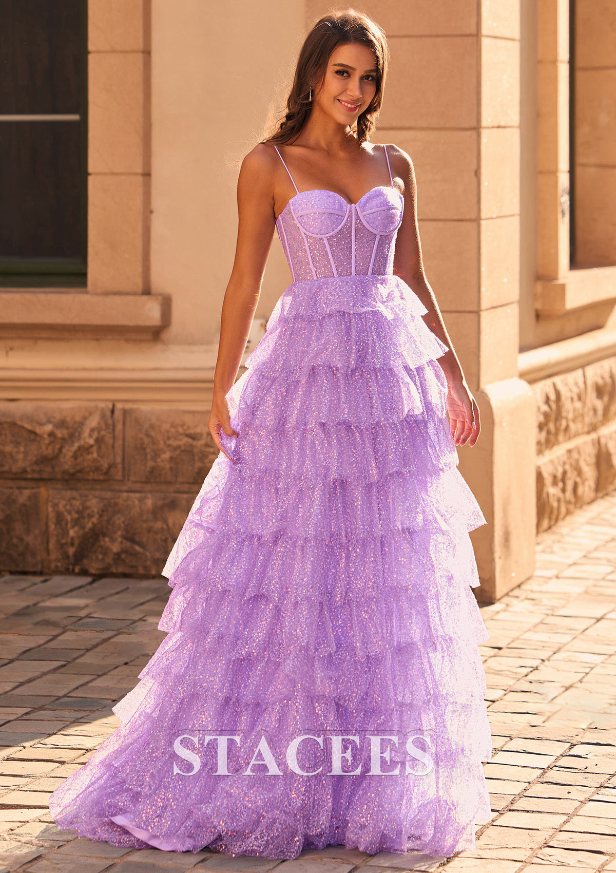 Lilac Cute A-Line Sweetheart Tiered Ruffles Sequins Prom Dresses - STACEES