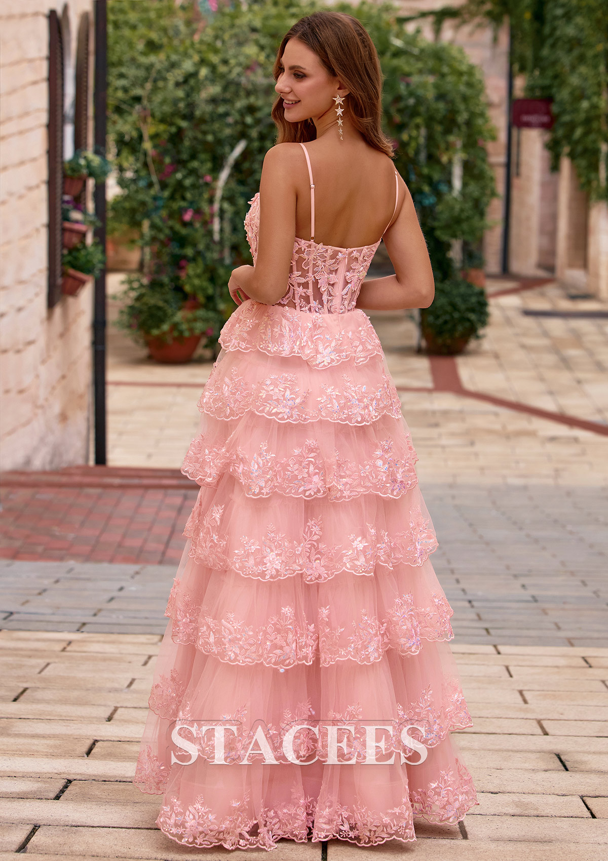 Rose Rougissant Trapèze scoop paillettes longueur ras du sol robe de bal avec fleurs volants - STACEES