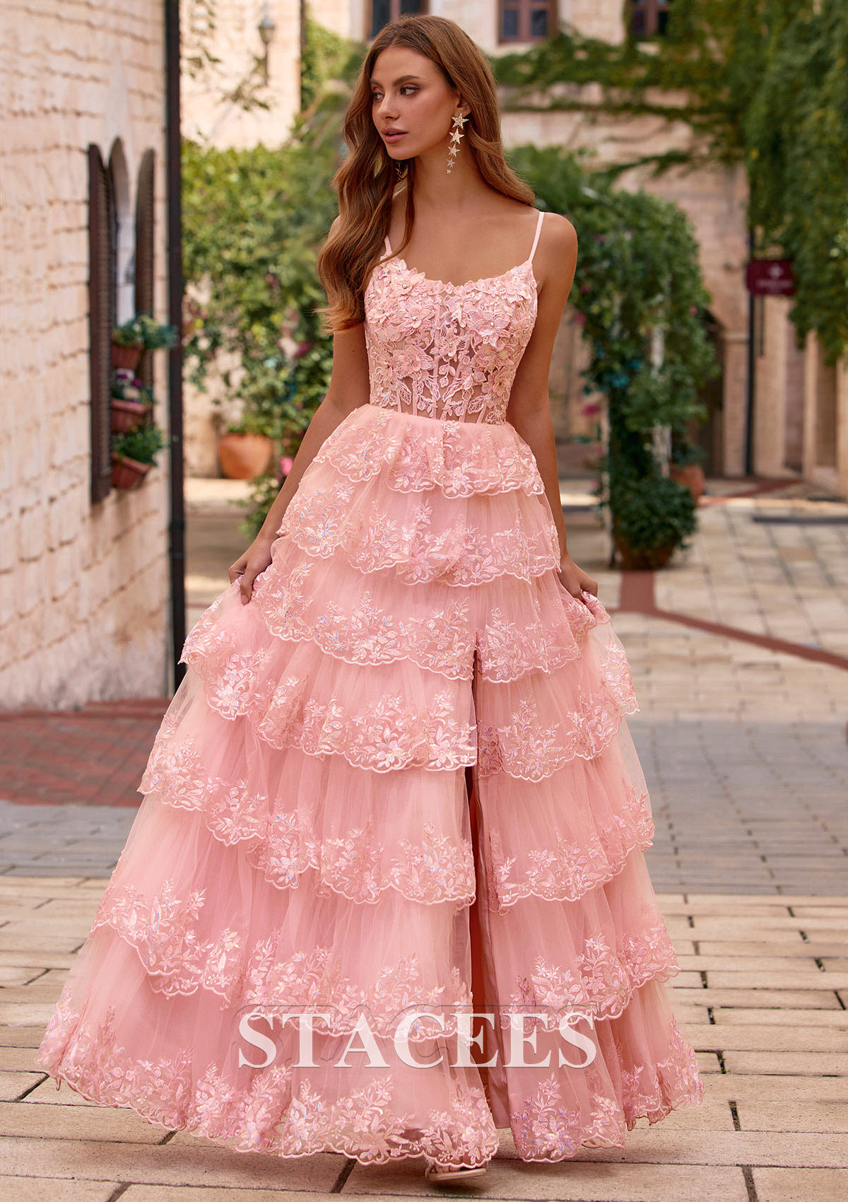 Rose Rougissant Trapèze scoop paillettes longueur ras du sol robe de bal avec fleurs volants - STACEES
