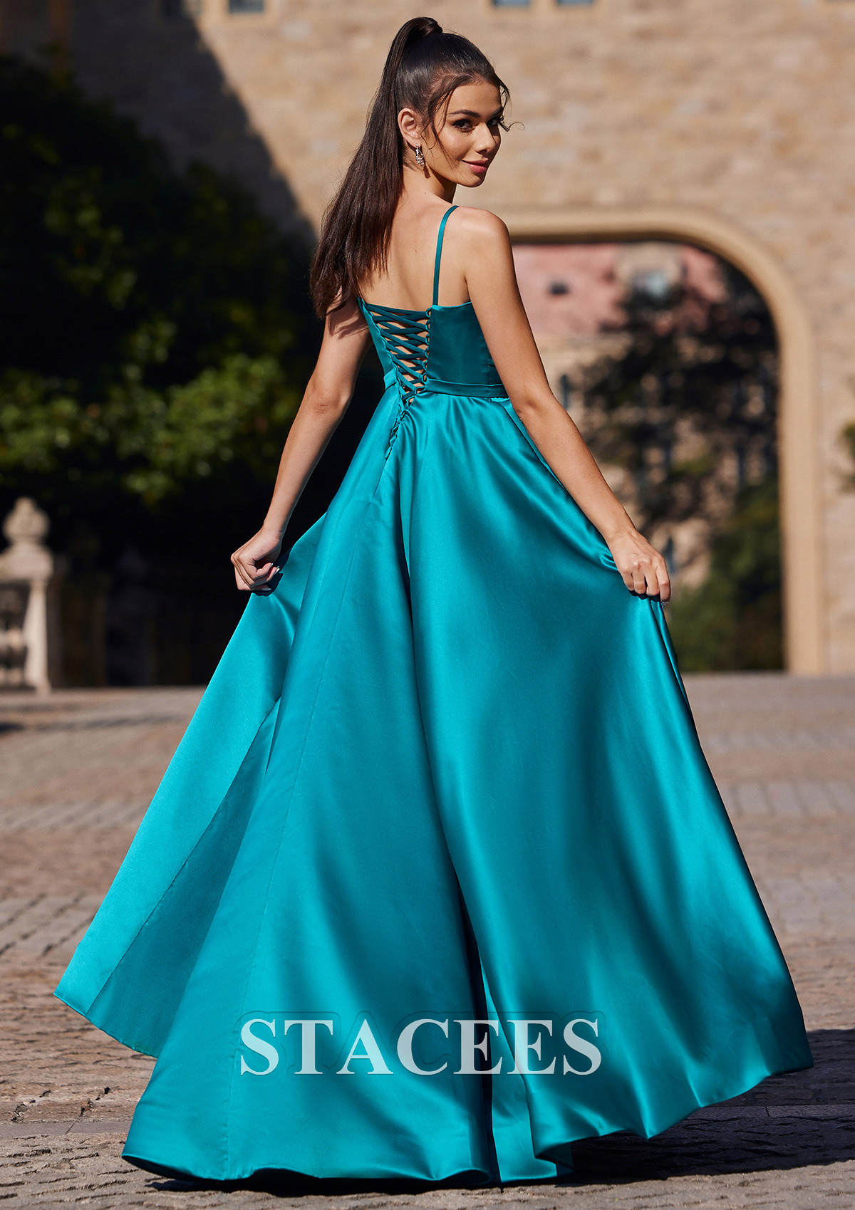 Teal A-line V Neck Sleeveless Sweep Train Satin Prom Dress with Pleated - STACEES
