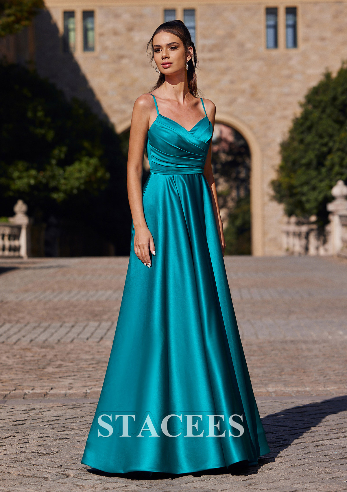 Teal A-line V Neck Sleeveless Sweep Train Satin Prom Dress with Pleated - STACEES