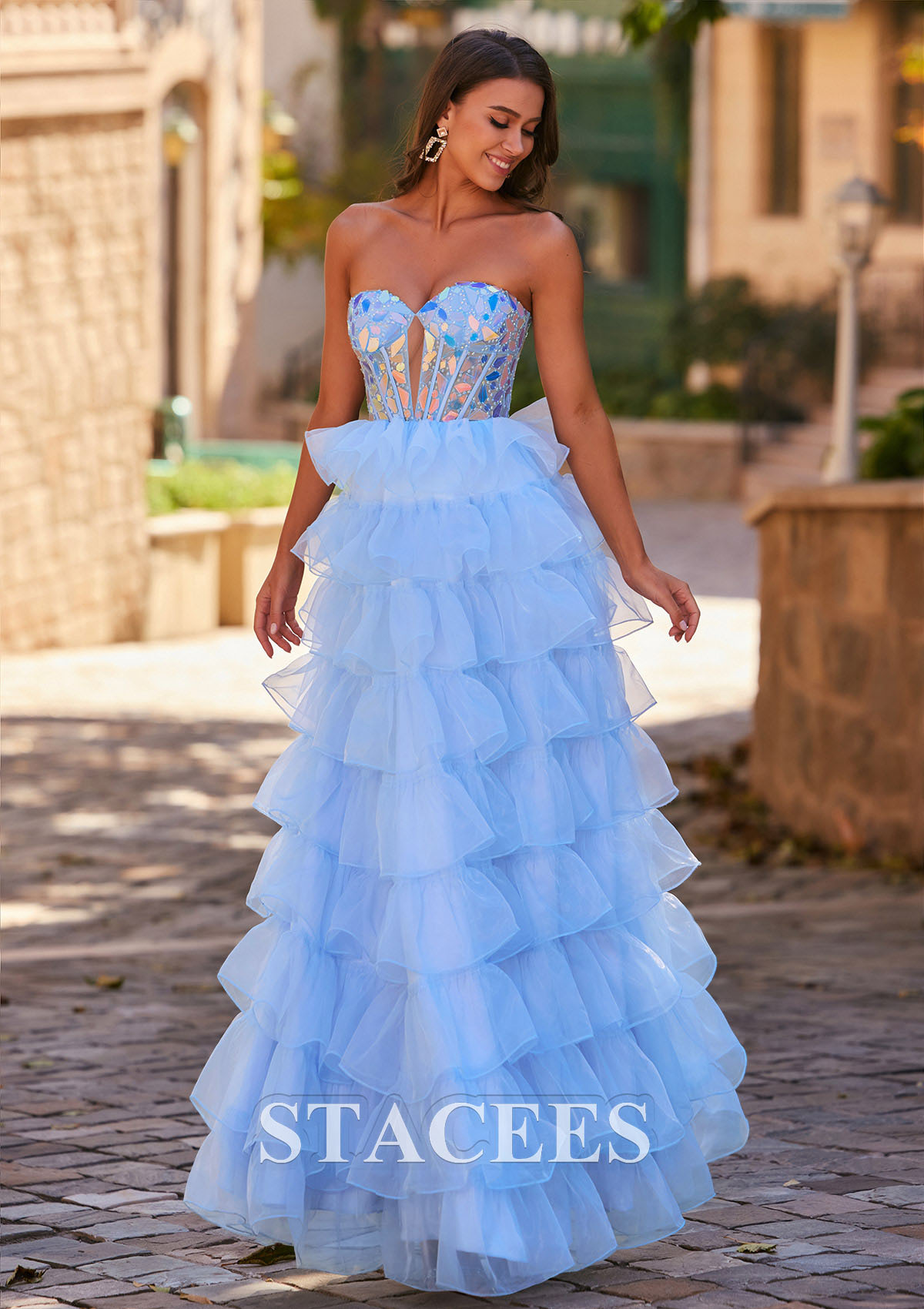 Sky Blue Sparkly A-line Strapless Keyhole Tiered Corset Mirror Sequins Prom Dress - STACEES