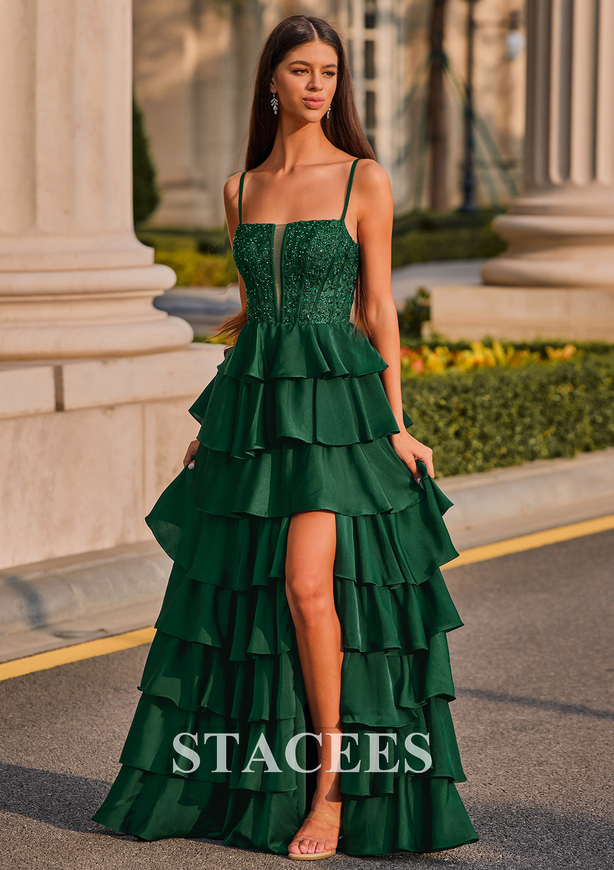 Dark Green Vestido línea a cuello cuadrado satén elástico hasta el suelo vestido de graduación - STACEES
