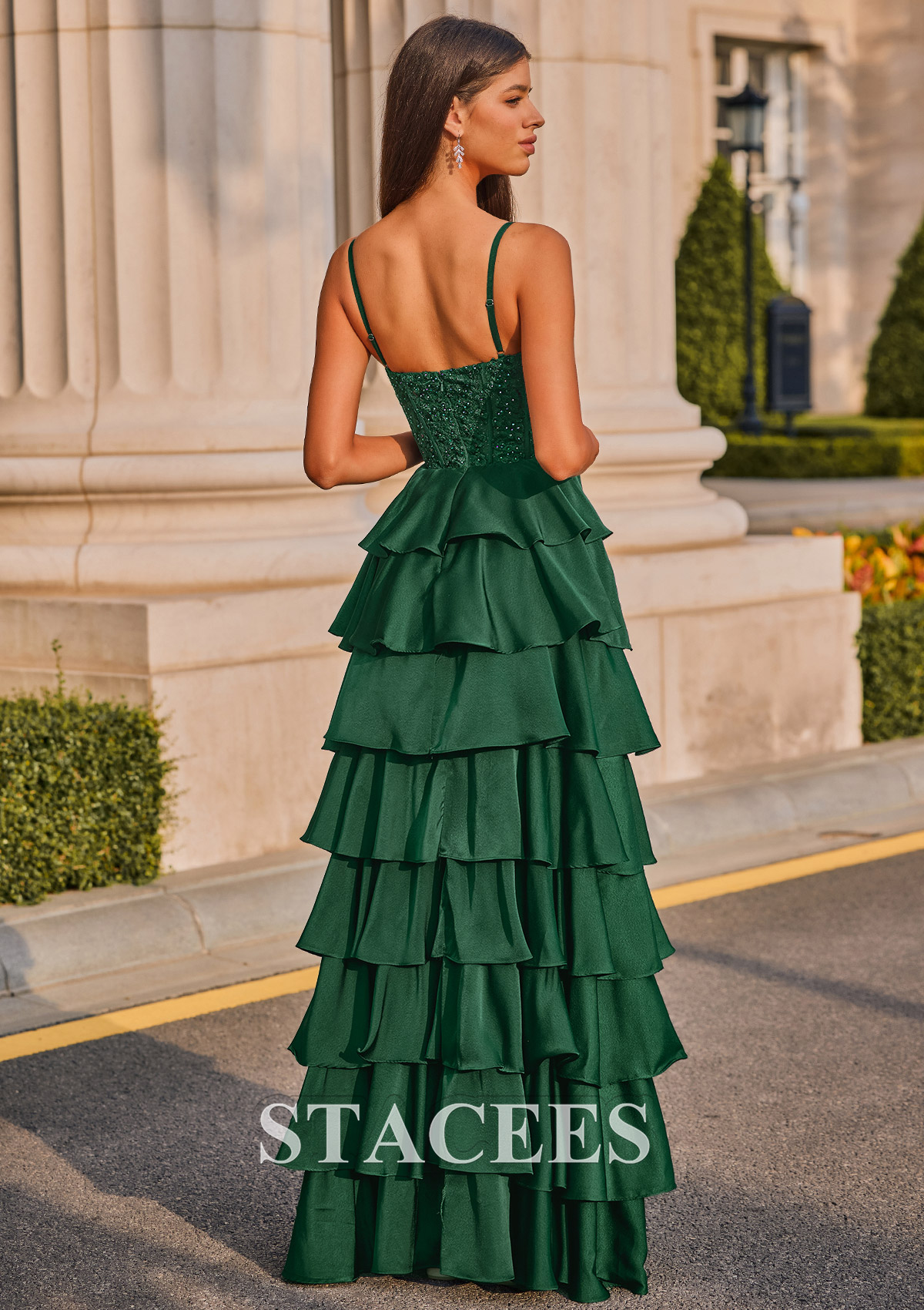 Dark Green Vestido línea a cuello cuadrado satén elástico hasta el suelo vestido de graduación - STACEES