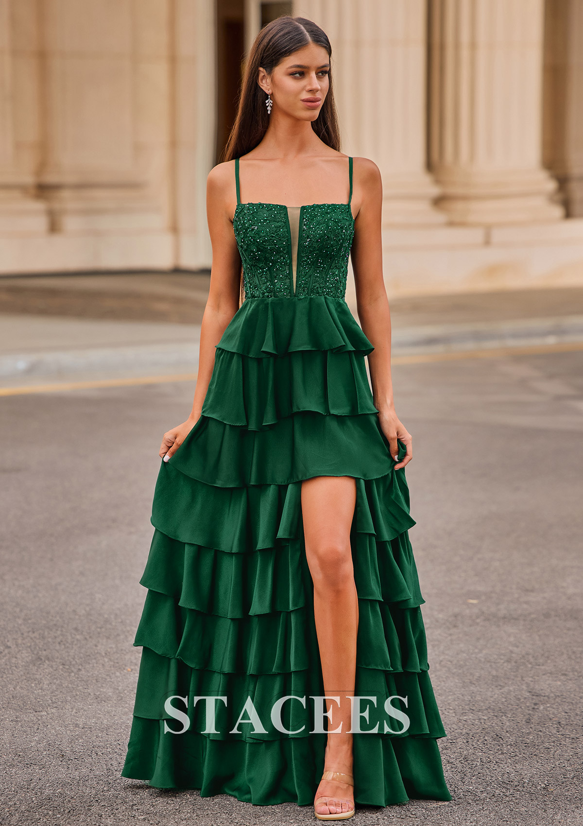 Dark Green Vestido línea a cuello cuadrado satén elástico hasta el suelo vestido de graduación - STACEES