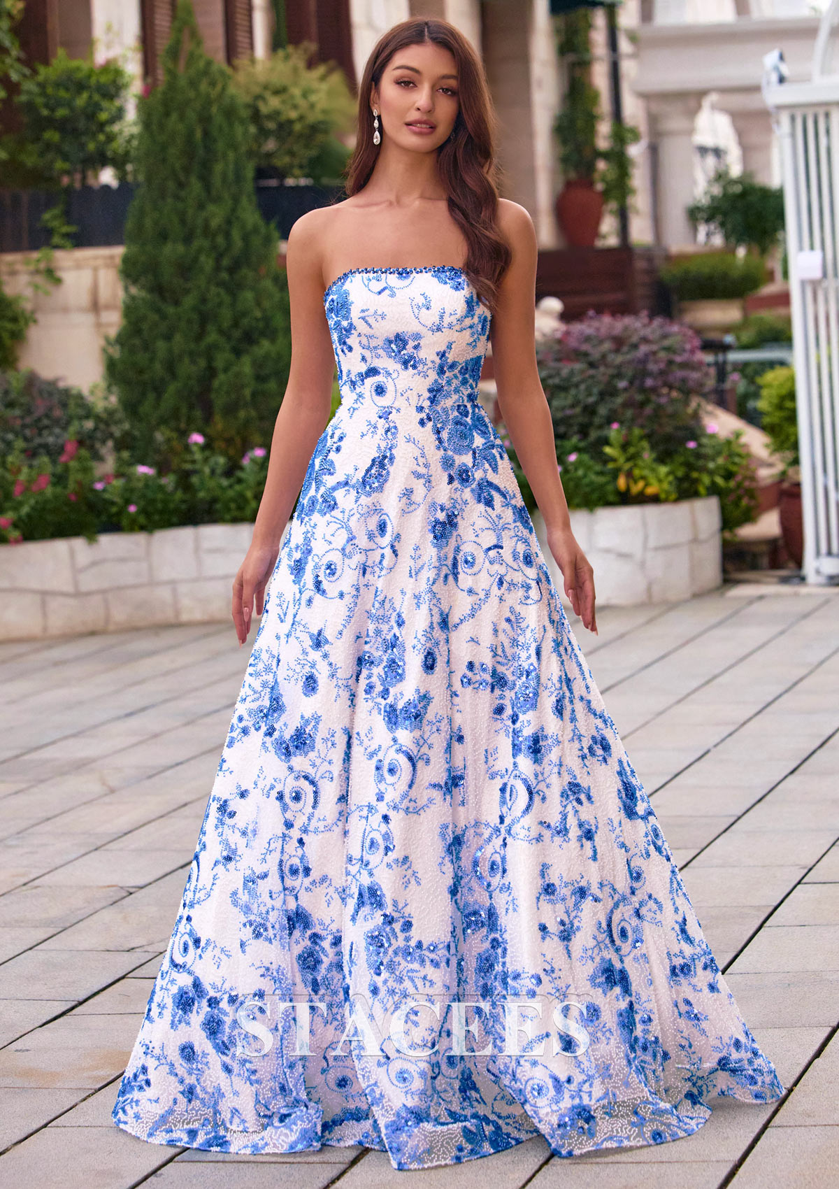 Royal Blue Floral Trapèze bateau tulle traîne balayage robe de bal avec perles paillettes - STACEES