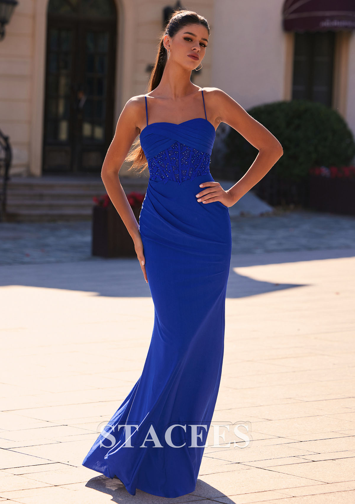 Royal Blue Slim Square Neckline Jersey Applique Pleated Prom Dress - STACEES