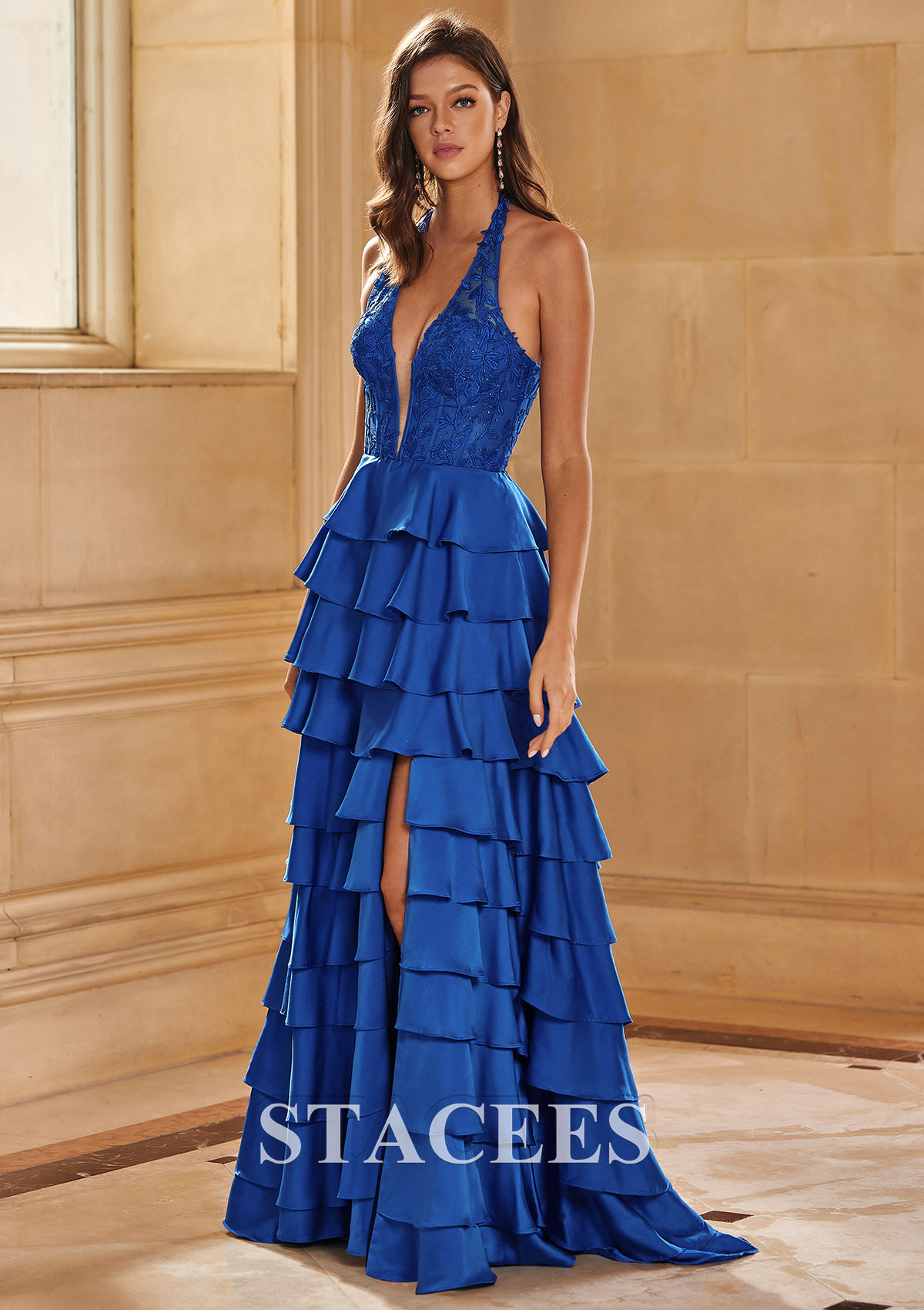 Royal Blue A-line Sweep Train Halter Lace Corset Tiered Prom Dress with Ruffles Slit - STACEES