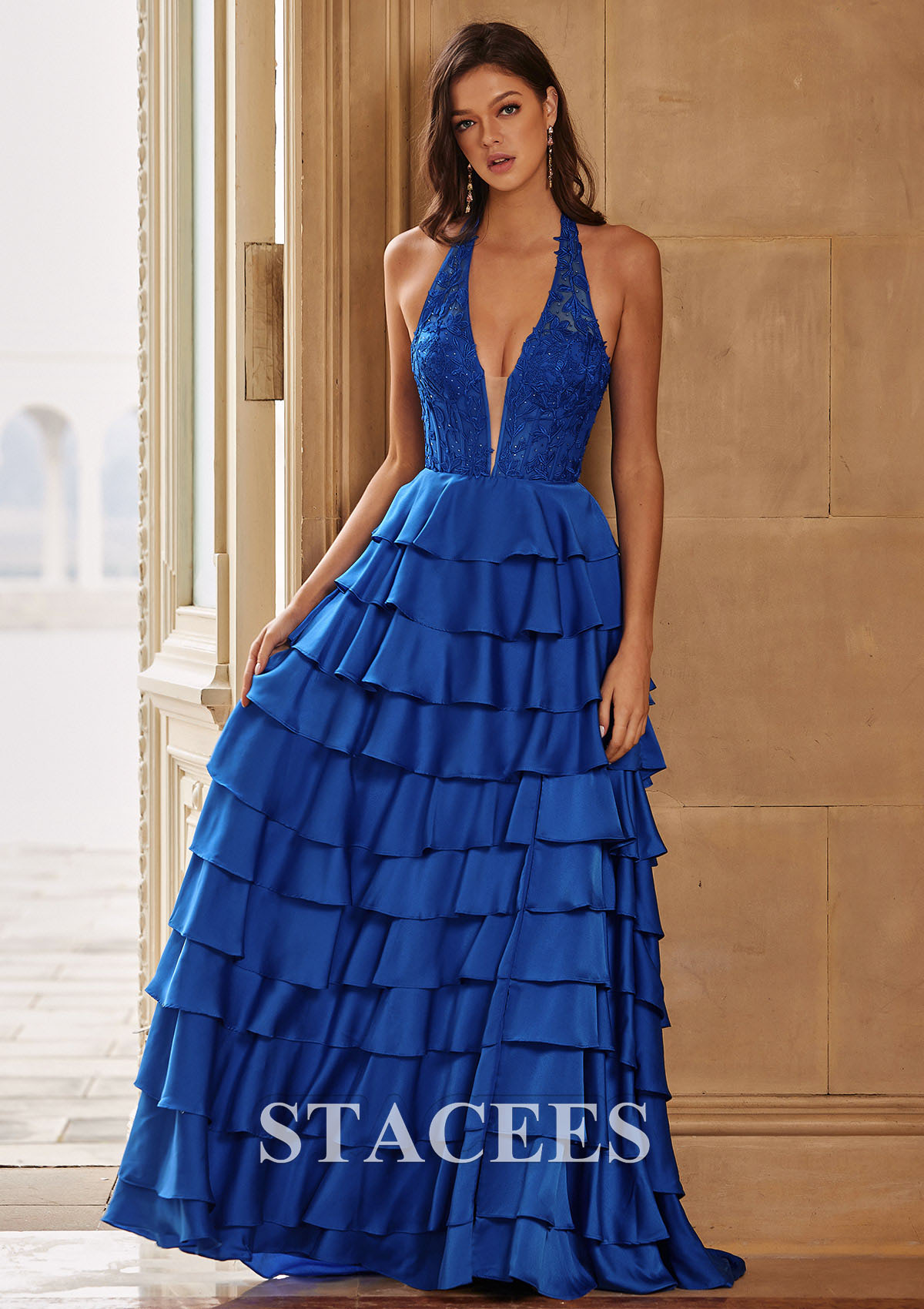 Royal Blue A-line Sweep Train Halter Lace Corset Tiered Prom Dress with Ruffles Slit - STACEES