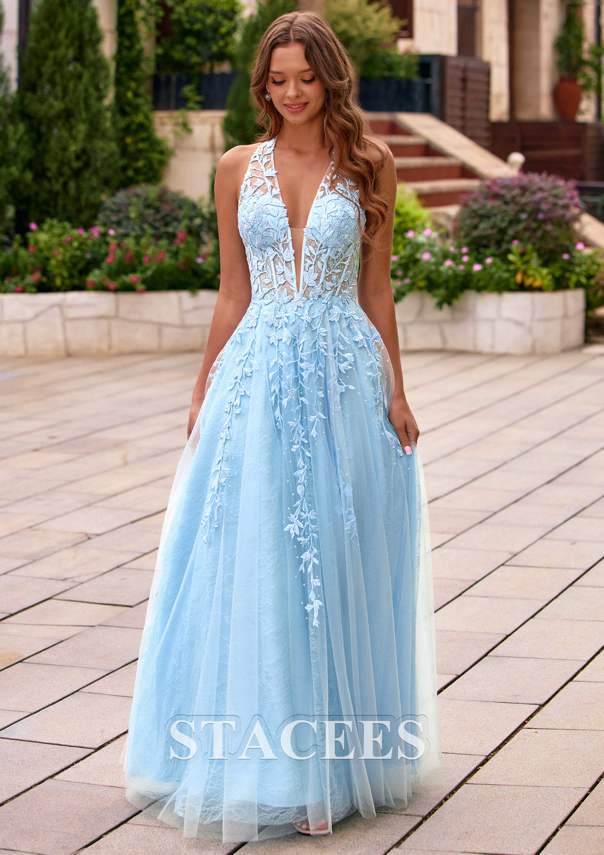 Sky Blue A-line Plunge Halter Beading Leaf Lace Illusion Corset Prom Dress - STACEES