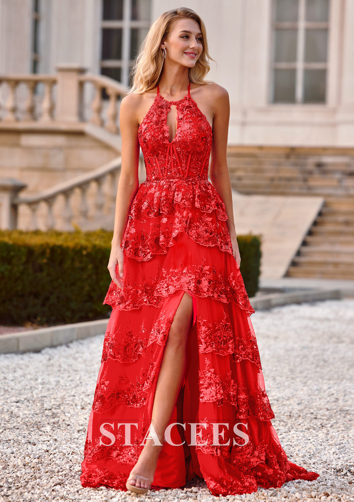 Red Vestido línea a cuello halter tul barrer tren vestido de graduación - STACEES