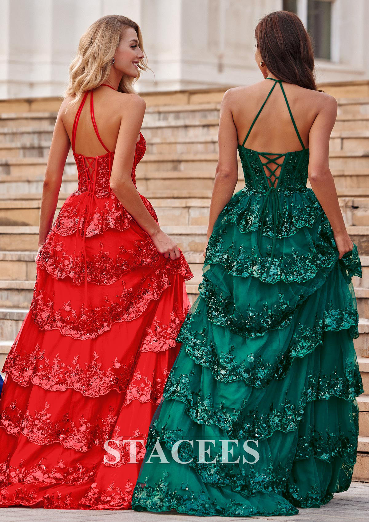 Red Vestido línea a cuello halter tul barrer tren vestido de graduación - STACEES