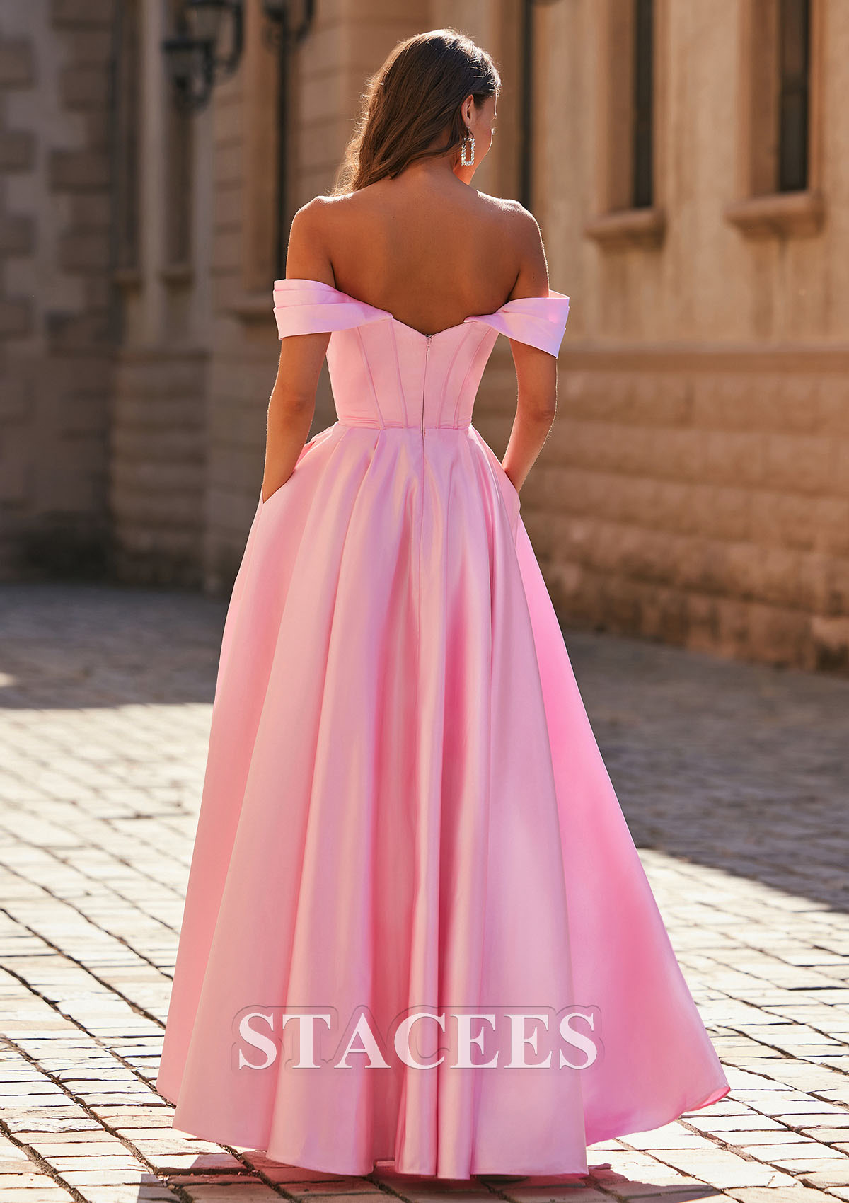 Rose Bonbon Trapèze épaule dénudée satin ras du sol robe de bal  - STACEES