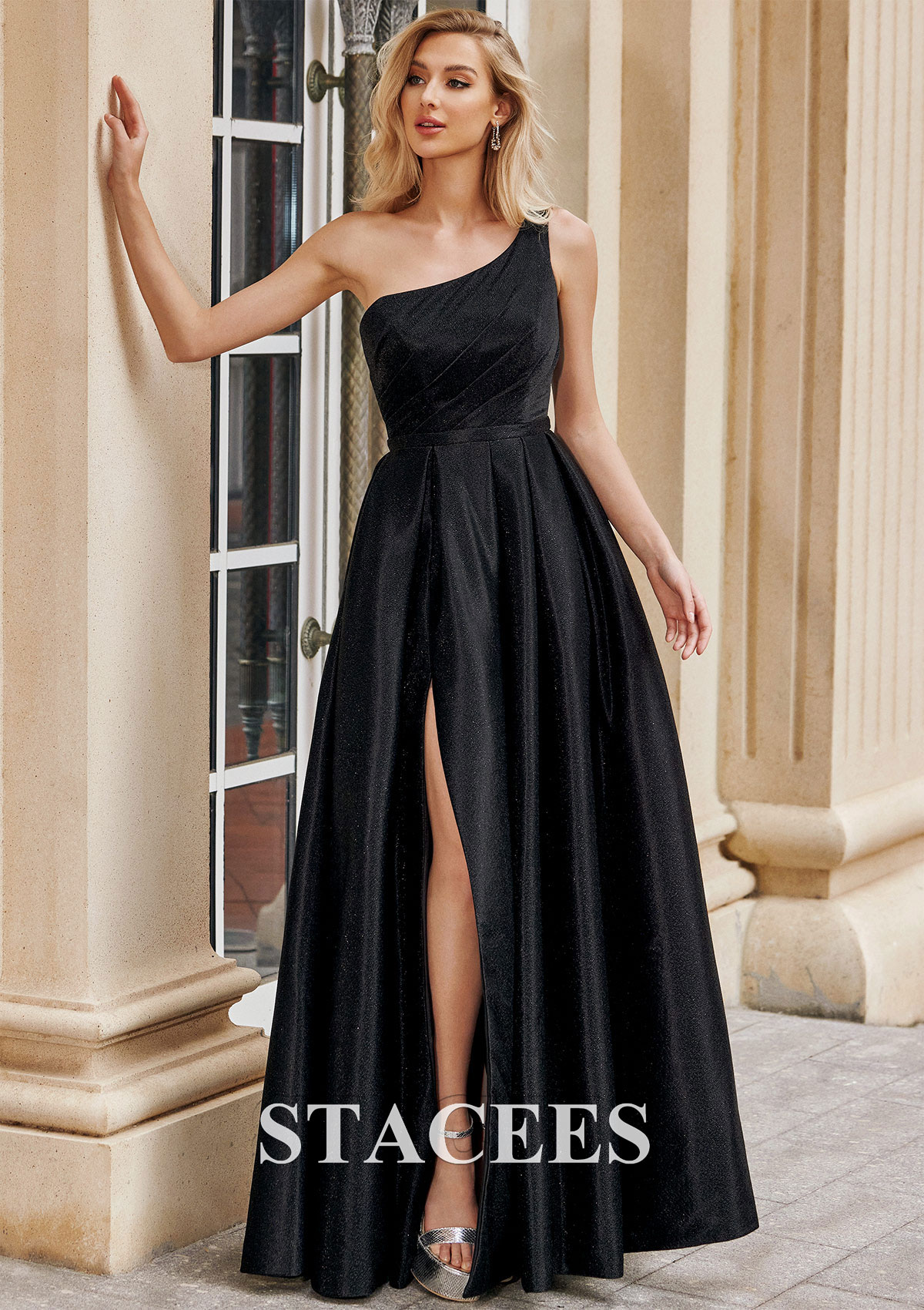 Black Vestido línea a un hombre tejer hasta el suelo vestido de graduación - STACEES