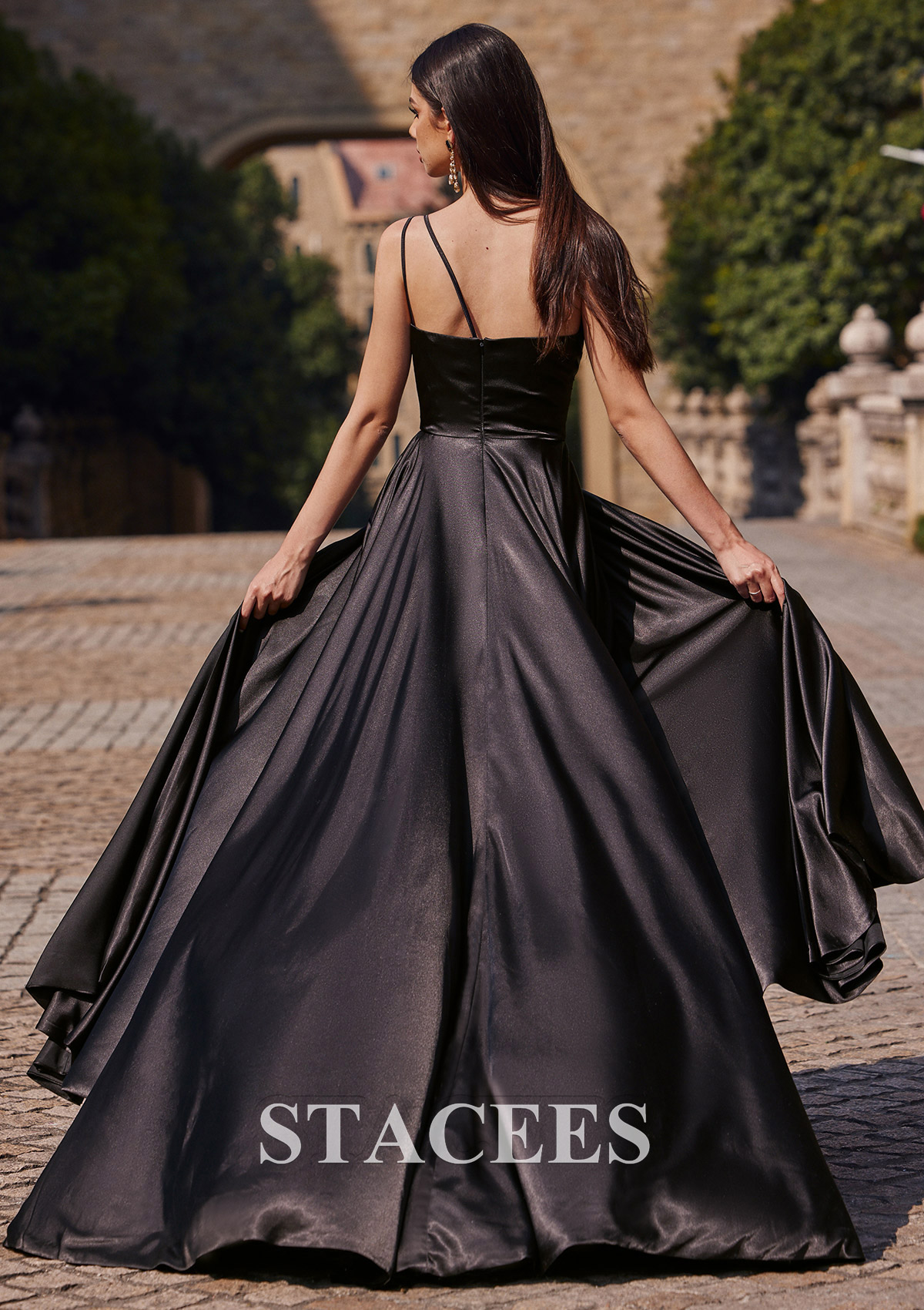 Black A-line One-Shoulder Sleeveless Sweep Train Charmeuse Prom Dress with Pleated Pockets Split - STACEES