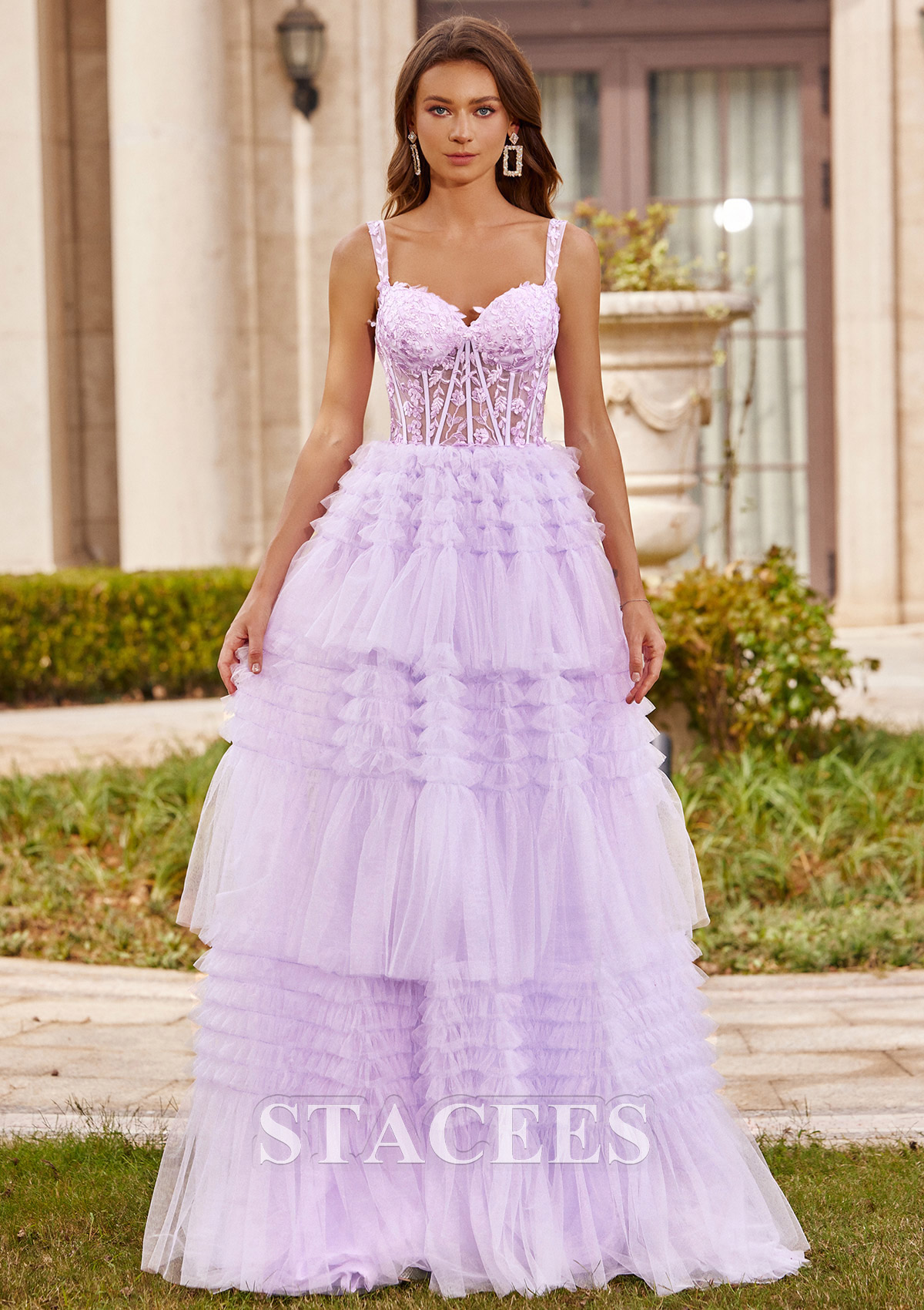 Lilac A-line Princess Sweetheart Sweep Train Tulle Prom Dress with Appliqued Ruffles - STACEES