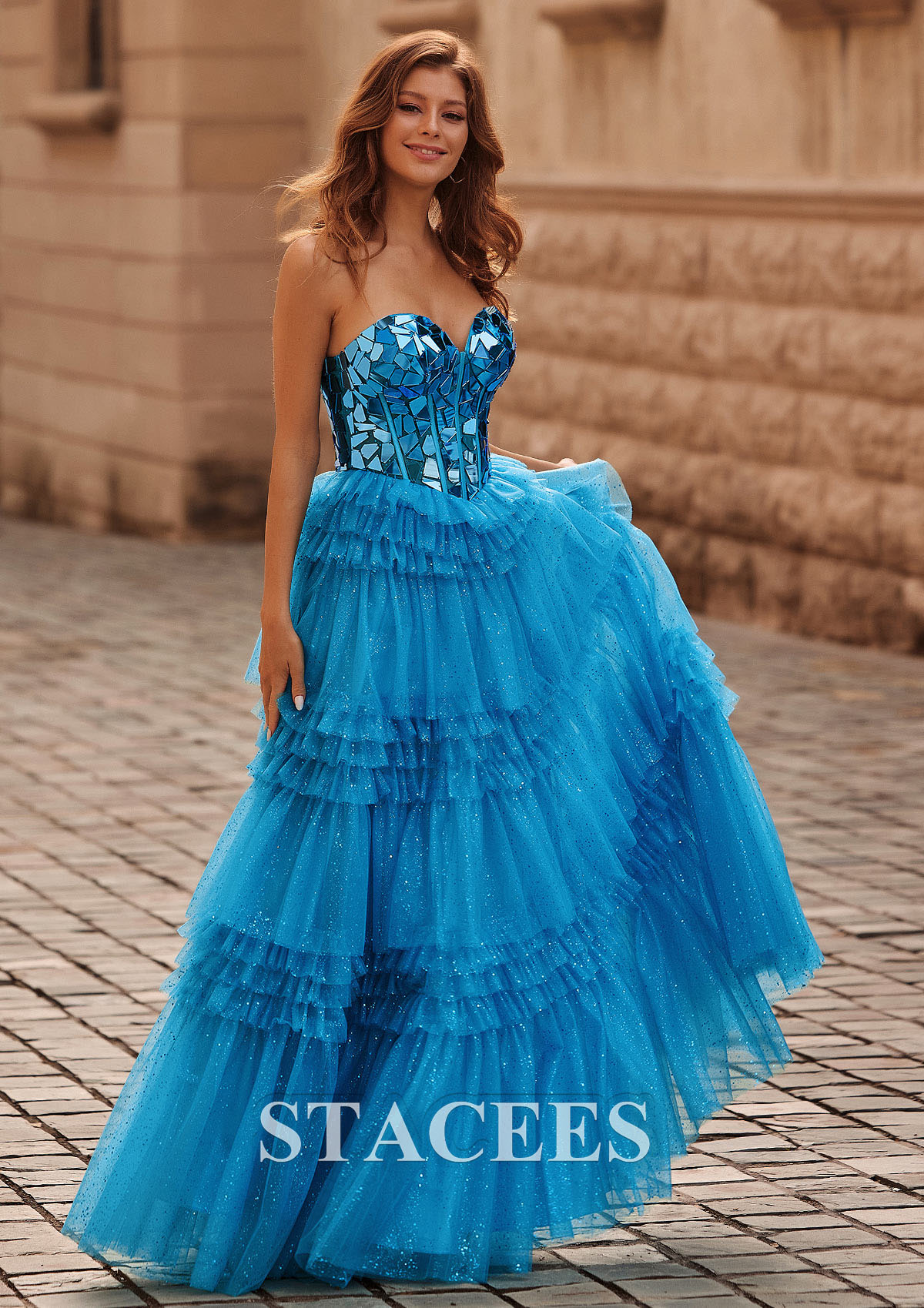 Ocean Blue A-line Princess Sweetheart Tulle Floor-Length Prom Dress with Ruffles Sequins Glitter - STACEES