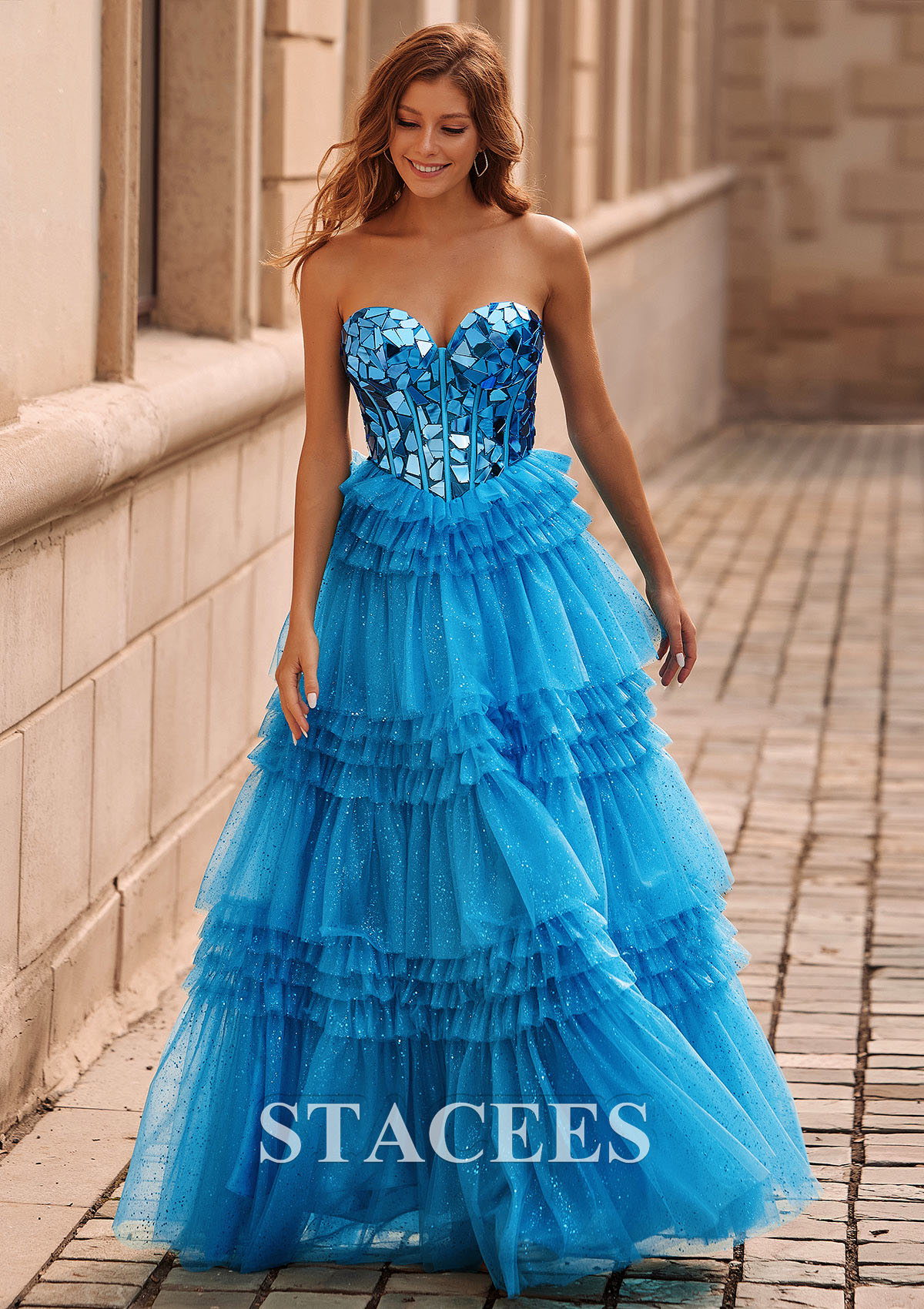 Ocean Blue A-line Princess Sweetheart Tulle Floor-Length Prom Dress with Ruffles Sequins Glitter - STACEES