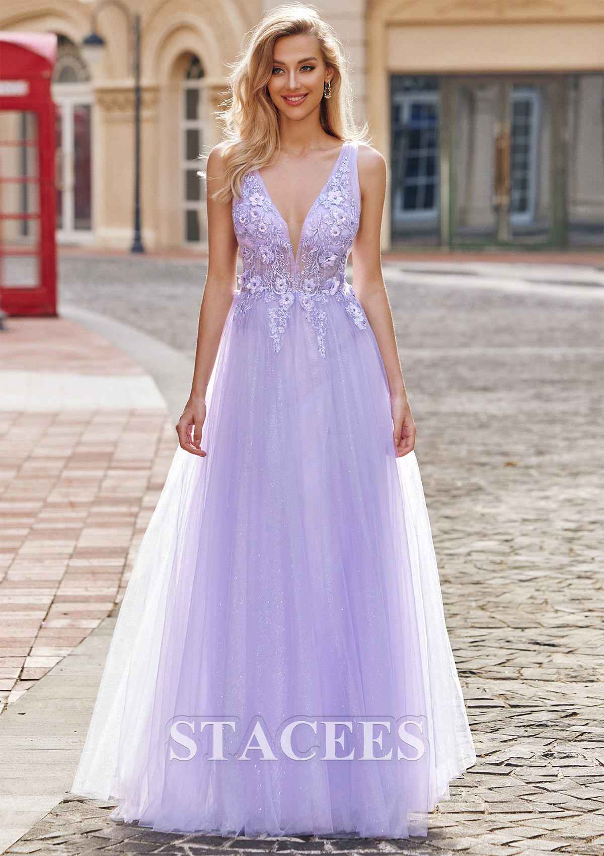 Lilac Vestido línea a princesa escote en v tul hasta el suelo vestido de graduación - STACEES