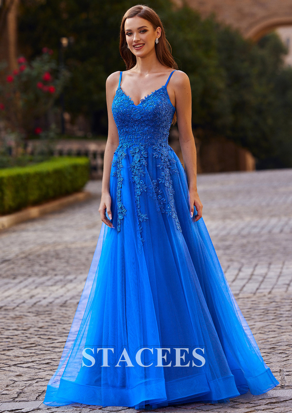 Ocean Blue A-line Princess V Neck Sweep Train Tulle Prom Dress with Appliqued Beading - STACEES