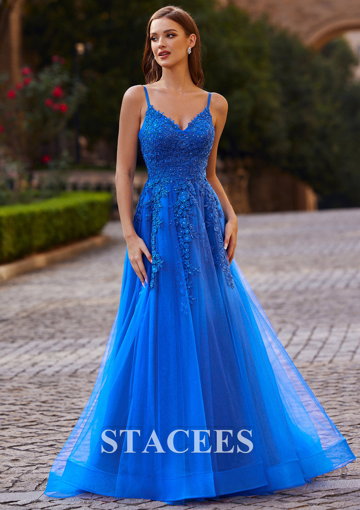 Ocean Blue A-line Princess V Neck Sweep Train Tulle Prom Dress with Appliqued Beading - STACEES