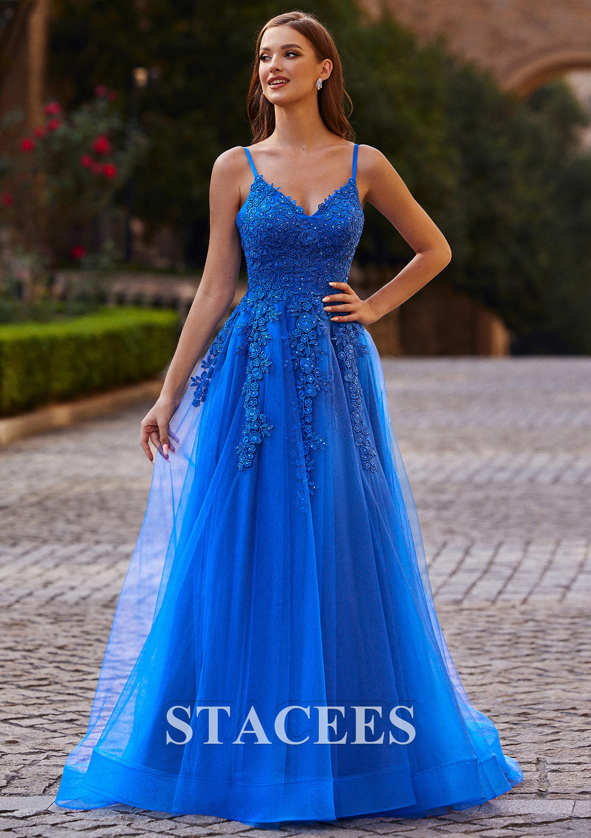Ocean Blue A-line Princess V Neck Sweep Train Tulle Prom Dress with Appliqued Beading - STACEES