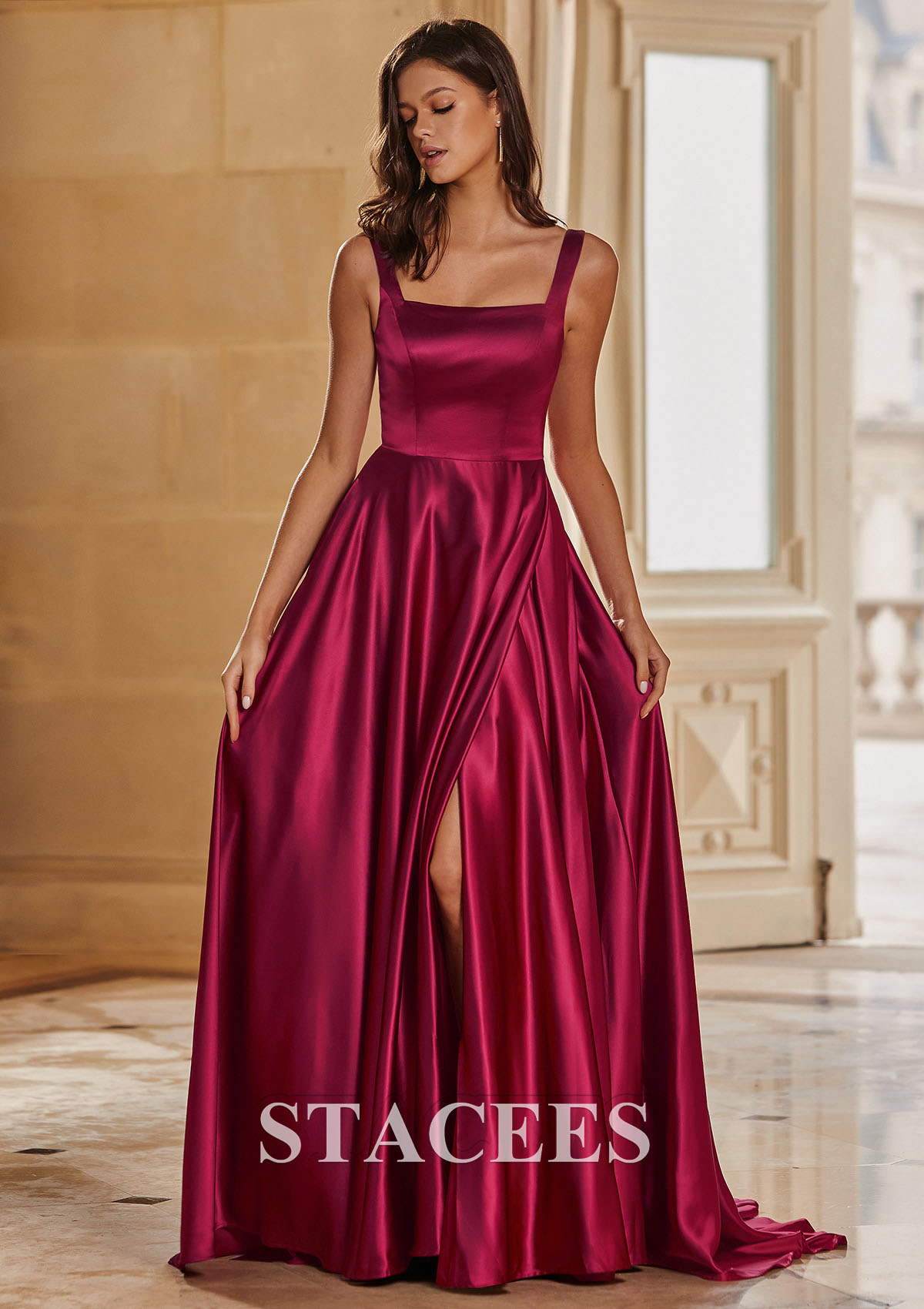 Burgundy Vestido línea a cuello cuadrado satén barrer tren vestido de graduación - STACEES