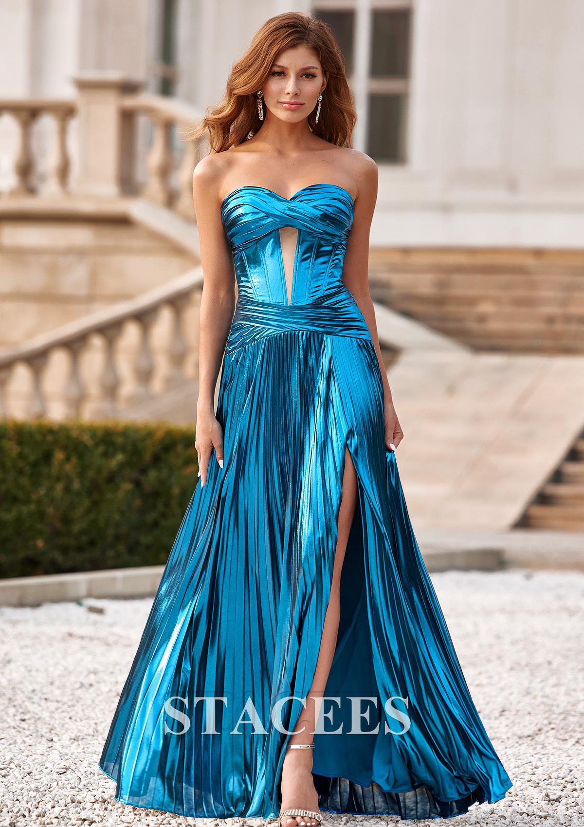 Blue A-line Strapless Corset Metallic Slit Floor-Length Prom Dress with Pleats - STACEES