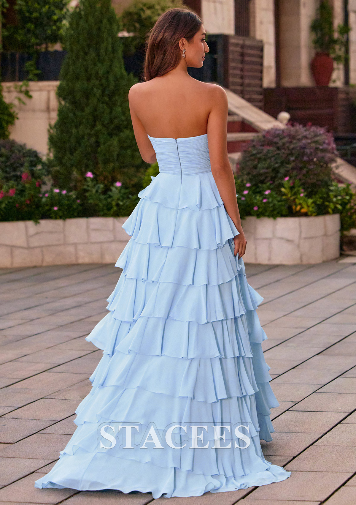 Bleu Ciel Trapèze cache coeur mousseline traîne balayage robe de bal avec noeud papillon volants - STACEES