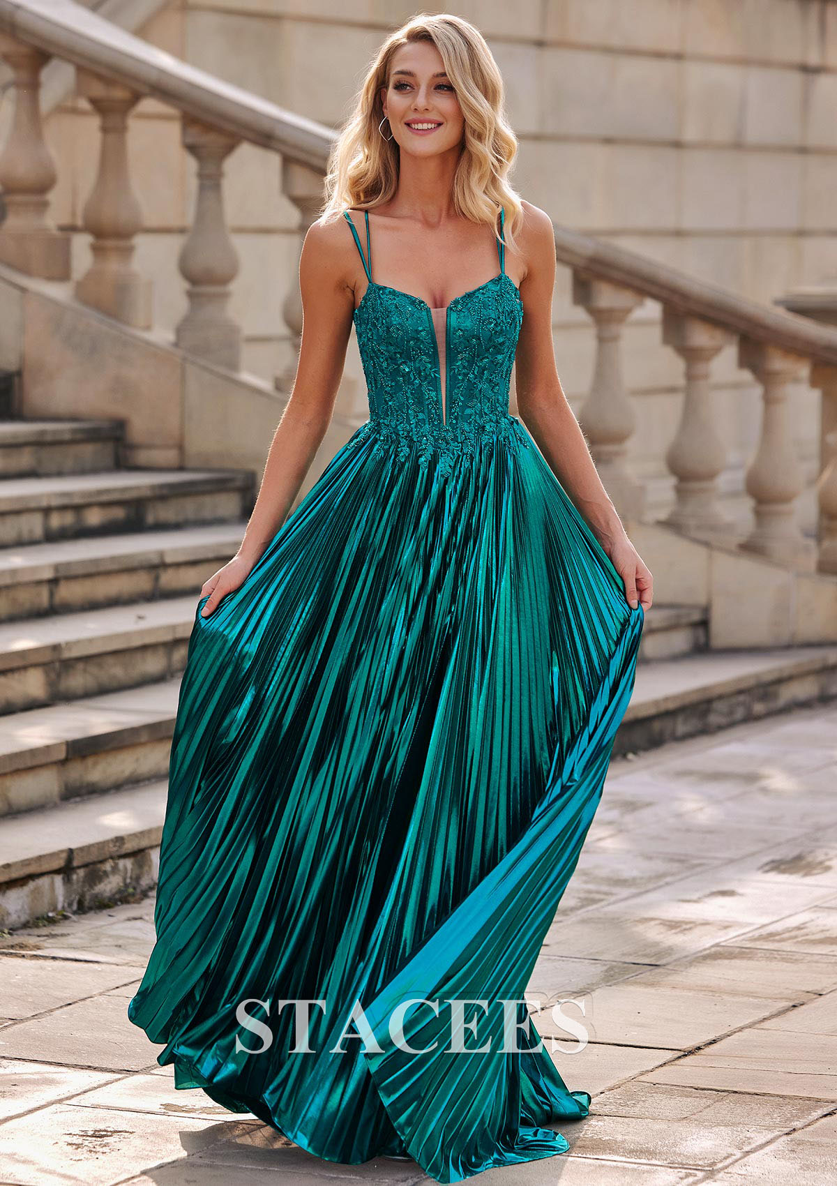 Teal Shiny A-line Ruched Metallic Slit Sweep Train Prom Dress with Plugging V-neck - STACEES