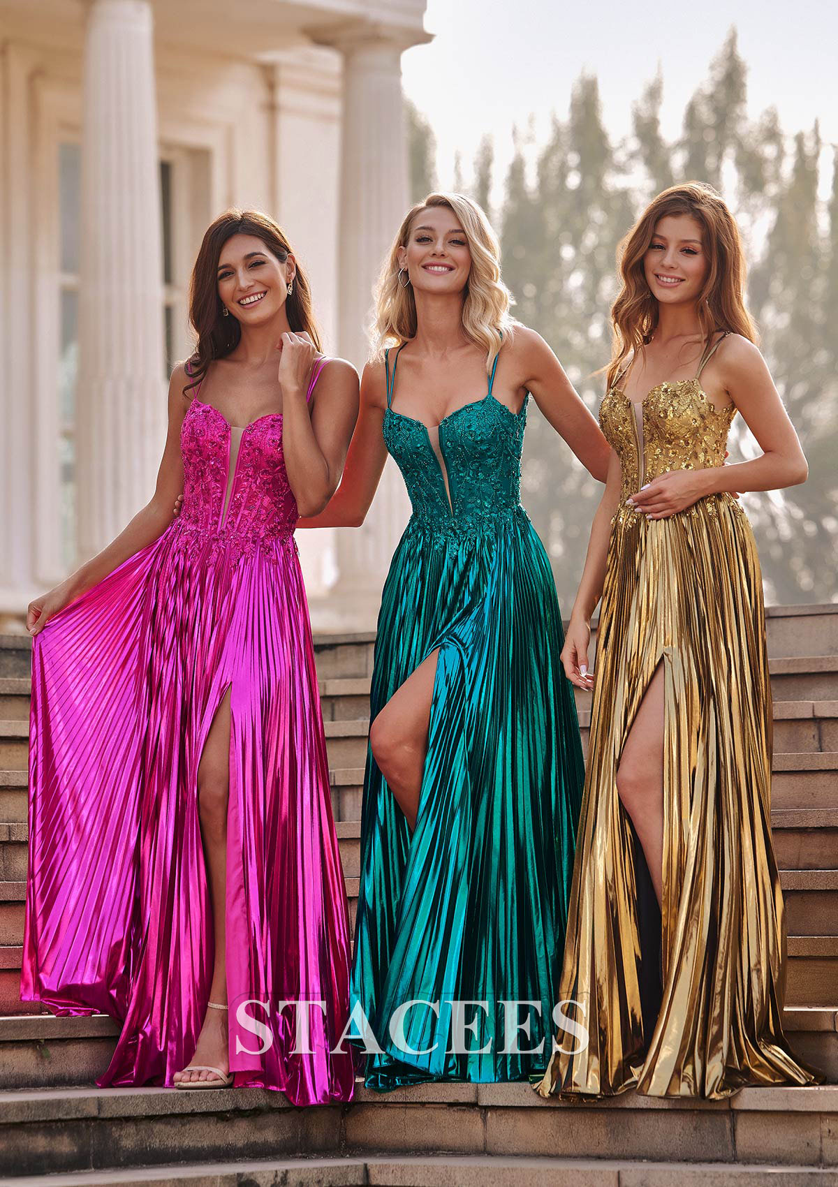 Teal Shiny A-line Ruched Metallic Slit Sweep Train Prom Dress with Plugging V-neck - STACEES