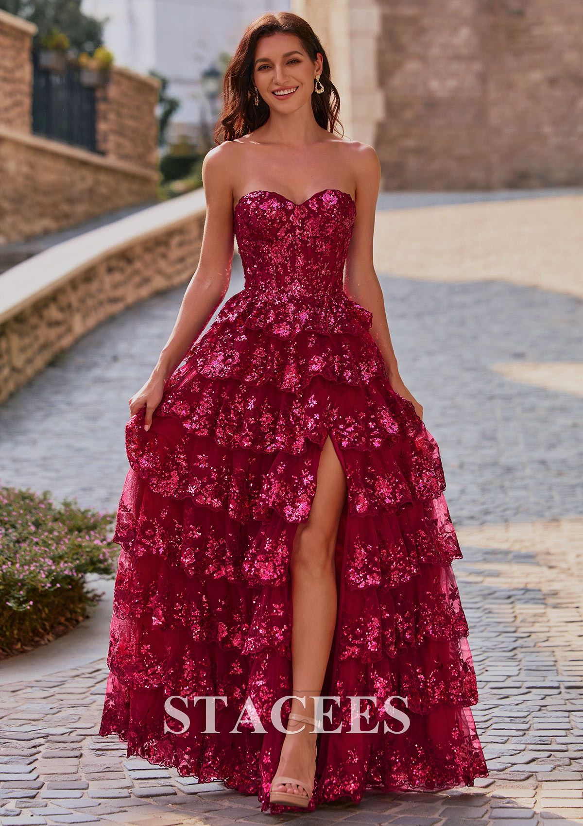 Burgundy A-line Strapless Sweetheart Sequin Tiered Ruffle Prom Dress with Slit - STACEES