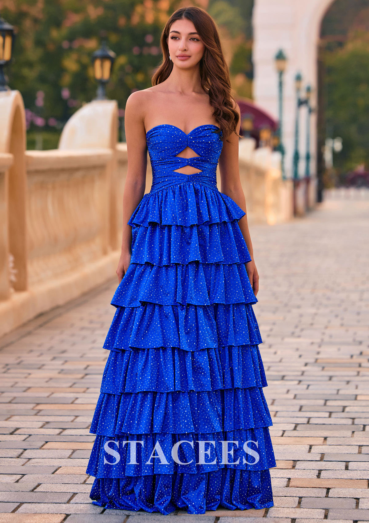 Royal Blue Sparkle Hot Fix A-line Strapless Ruffle Prom Dress with Keyhole and Slit - STACEES