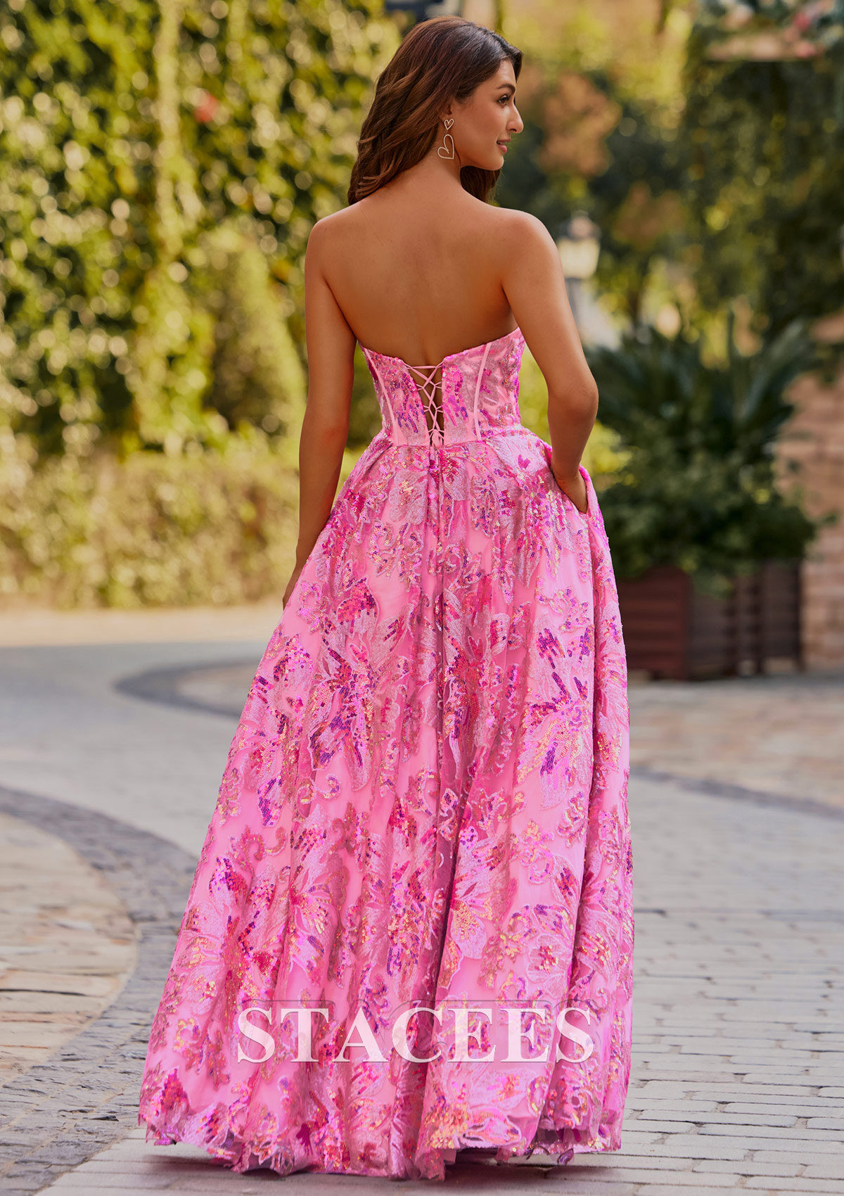 Candy Pink Sparkly A-line Strapless Floral Sequined Floor-Length Pockets Prom Dress - STACEES