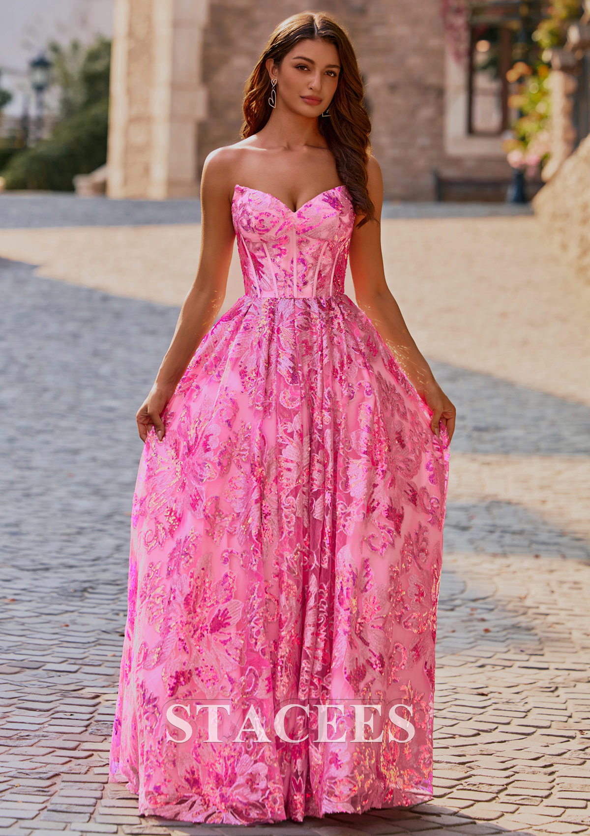 Candy Pink Sparkly A-line Strapless Floral Sequined Floor-Length Pockets Prom Dress - STACEES