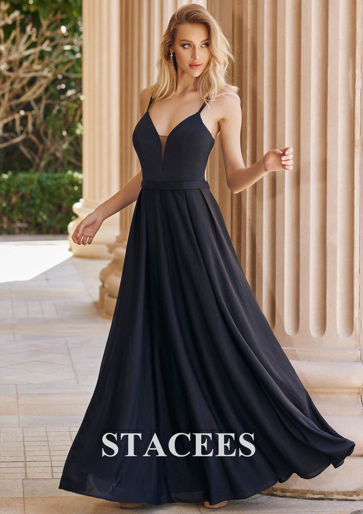 Black Vestido línea a escote en v tejer hasta el suelo vestido de graduación - STACEES