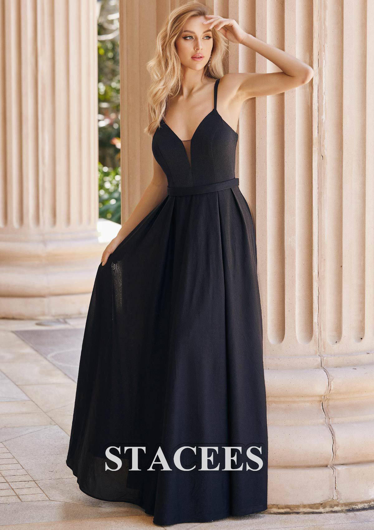 Black Vestido línea a escote en v tejer hasta el suelo vestido de graduación - STACEES
