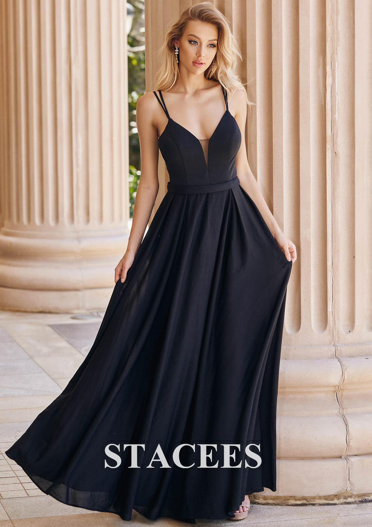 Black Vestido línea a escote en v tejer hasta el suelo vestido de graduación - STACEES