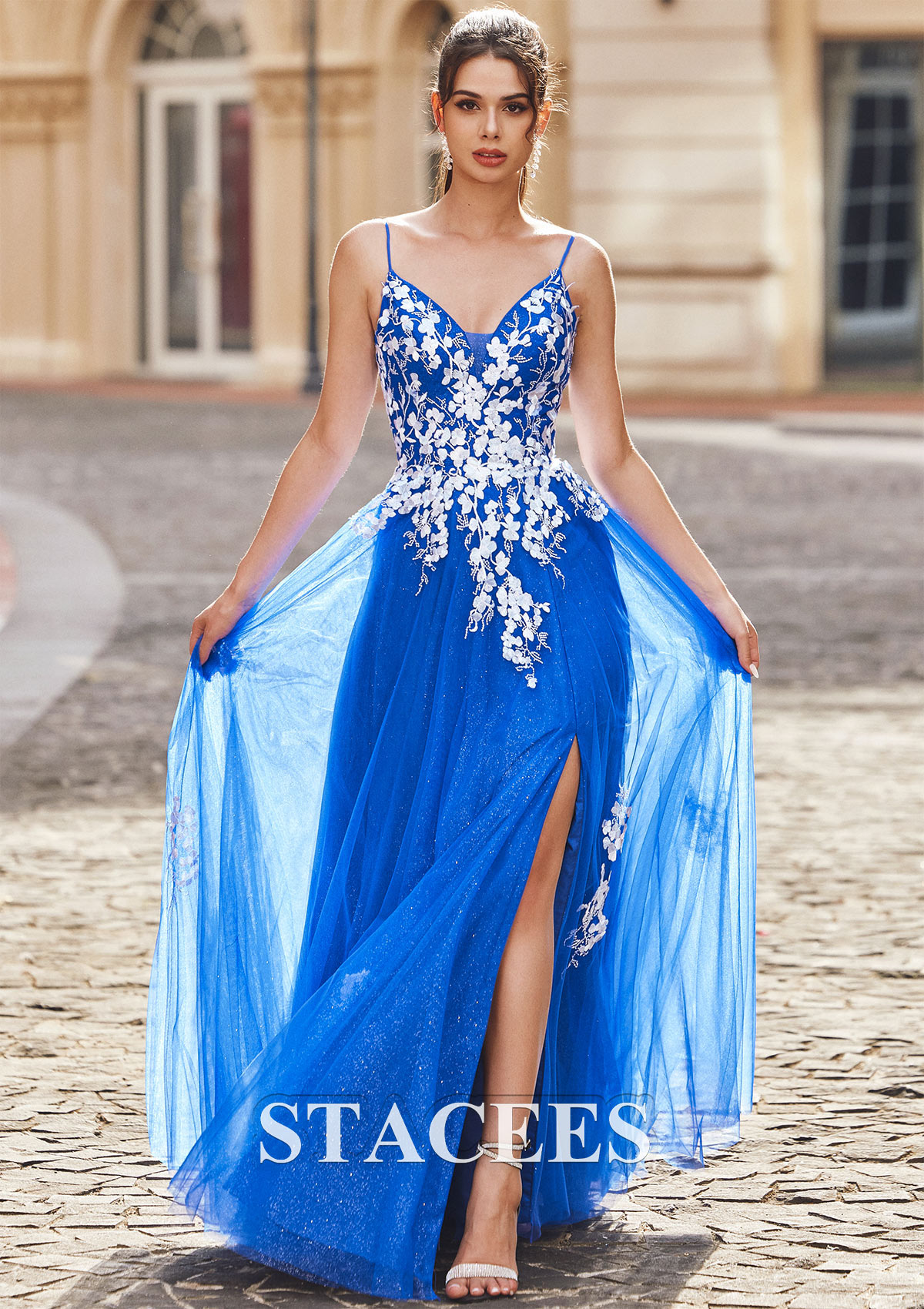 Ocean Blue Vestido línea a escote en v tul hasta el suelo vestido de graduación - STACEES