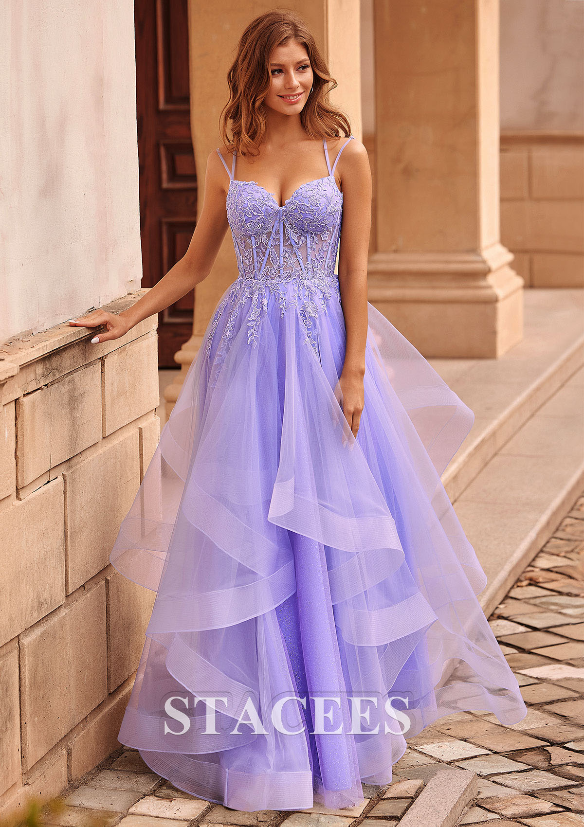 As Picture A-line V Neck Tulle Floor-Length Prom Dress with Appliqued Ruffles Glitter - STACEES