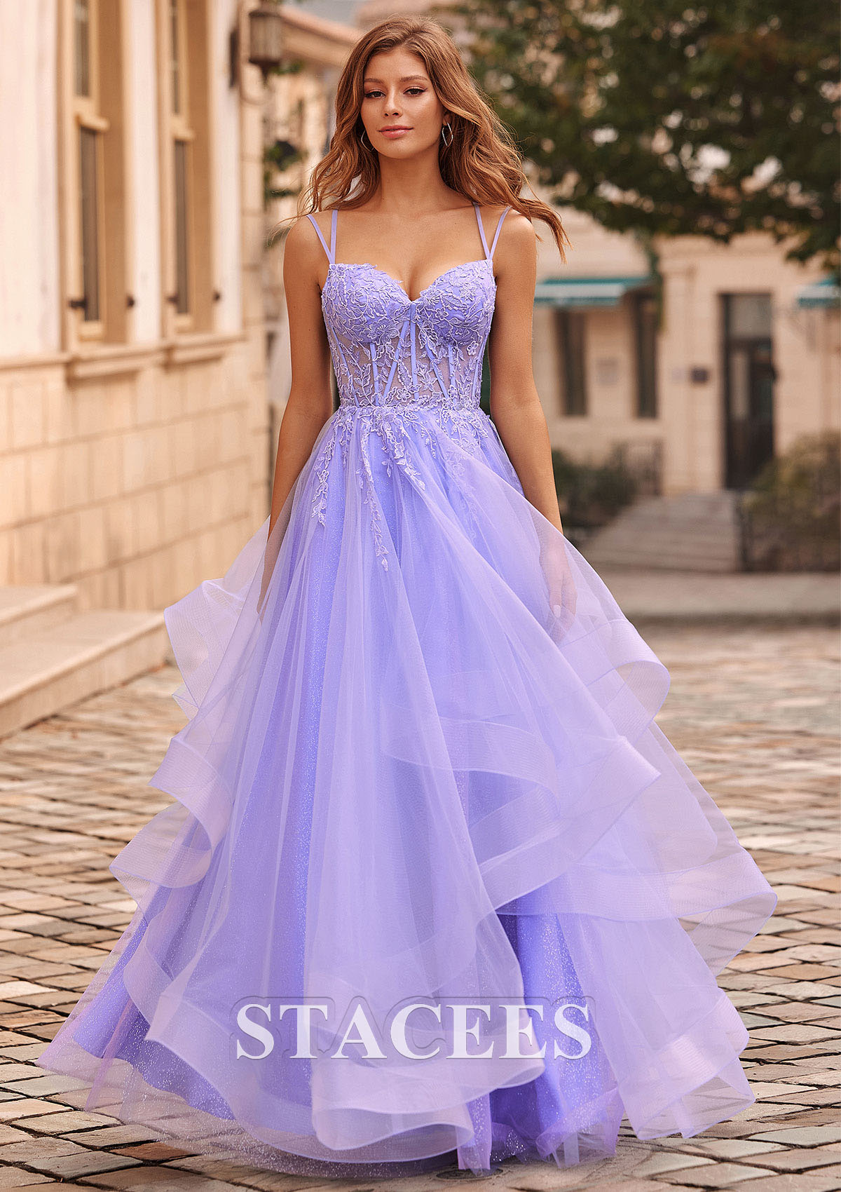 As Picture A-line V Neck Tulle Floor-Length Prom Dress with Appliqued Ruffles Glitter - STACEES