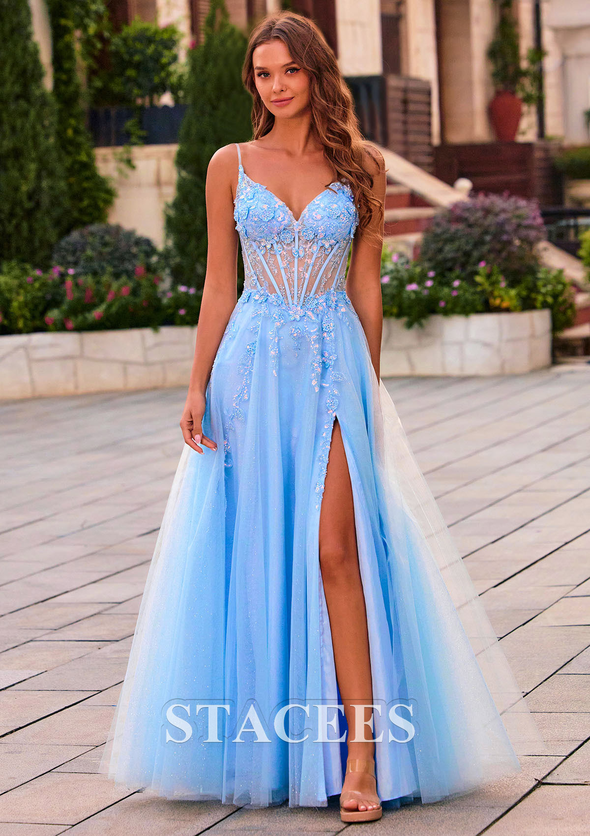 Bleu Ciel Trapèze col en v tulle longueur ras du sol robe de bal avec paillettes fendue - STACEES