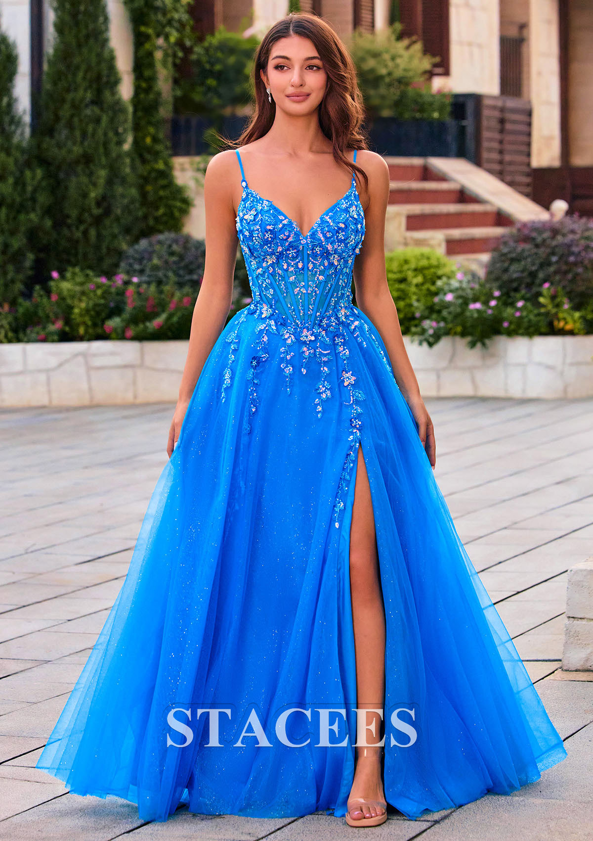 Bleu Océan Trapèze col en v tulle longueur ras du sol robe de bal avec paillettes fendue - STACEES