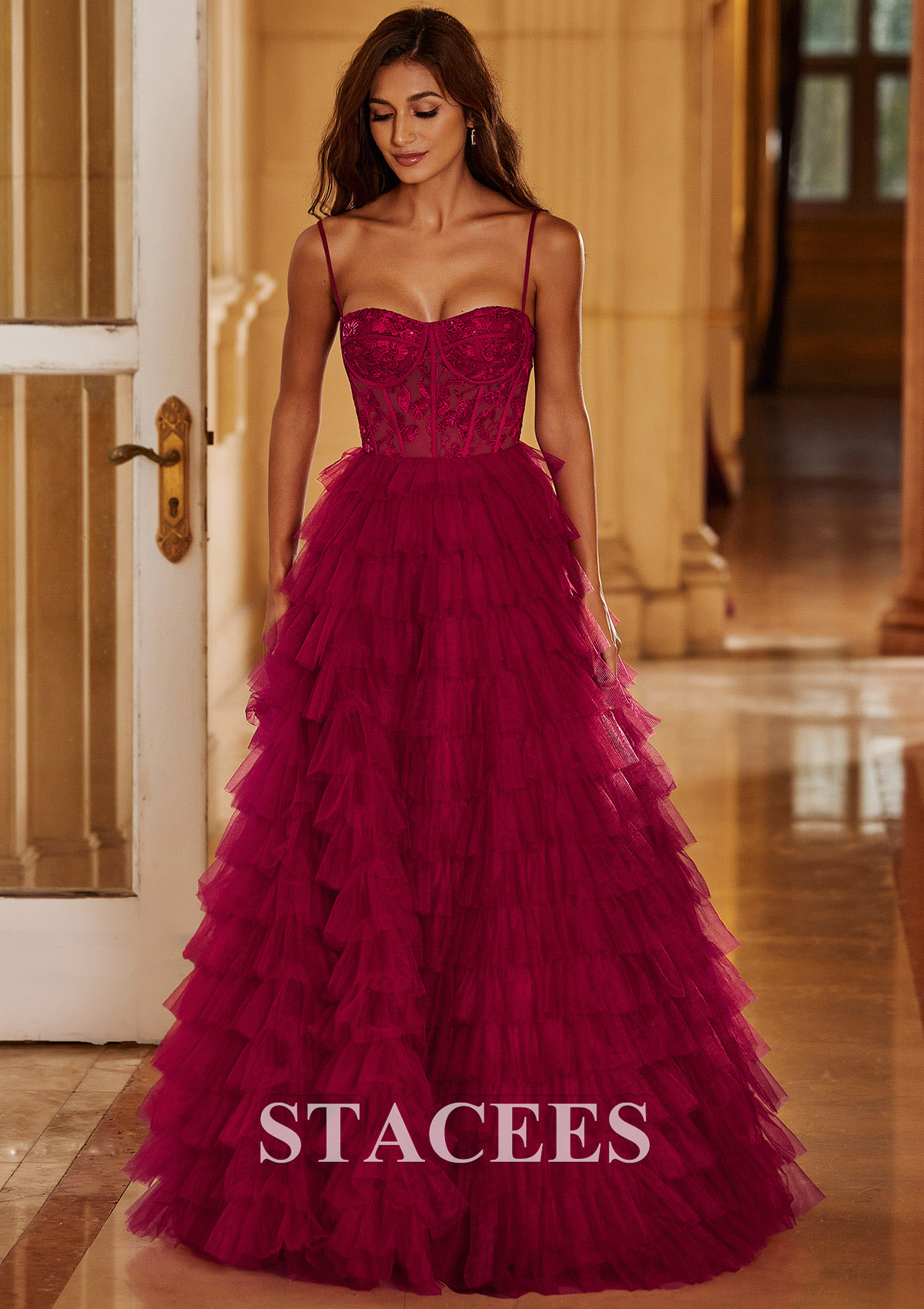 Burgundy  Ball Gown Sequined Lace Bodice Ruffled Tiered Floor-Length Prom Dress - STACEES