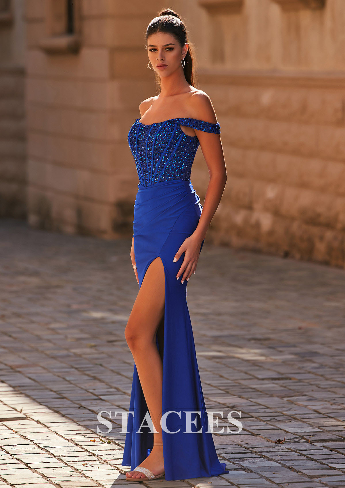 Bleu Royal Fourreau épaule dénudée jersey traîne balayage robe de bal avec fendue  - STACEES