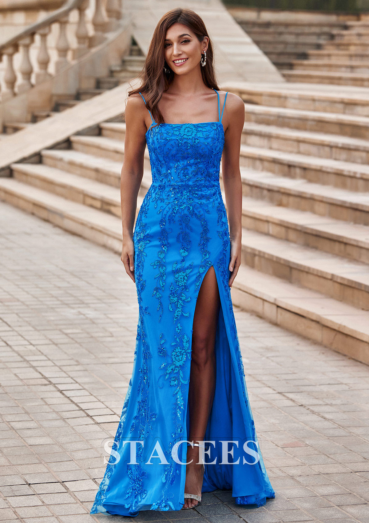 Azul Océano Tubo cuello cuadrado tul cepillo tren vestido de graduación - STACEES