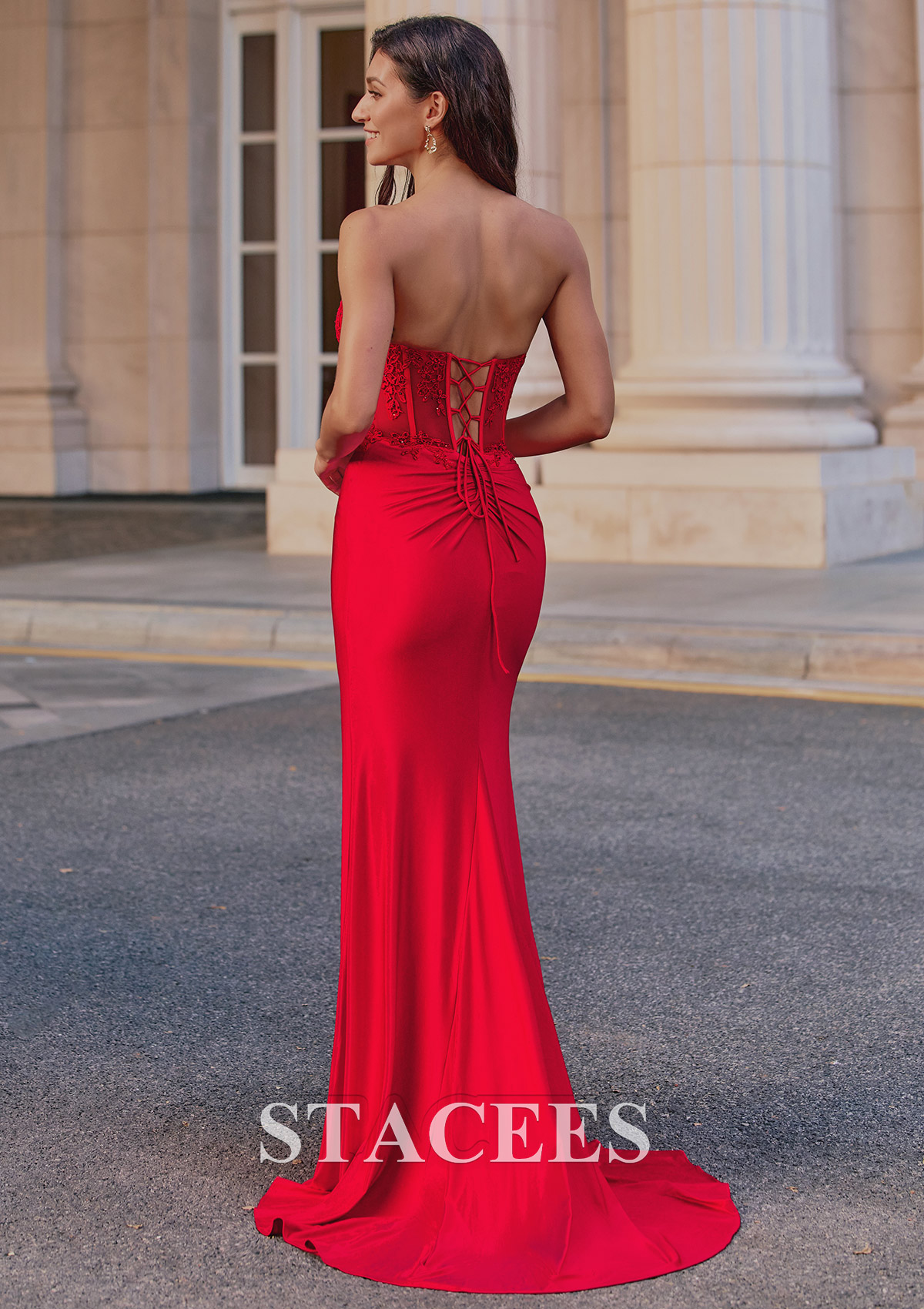 Rouge Trumpette/Sirène cache coeur jersey traîne balayage robe de bal avec appliqué volants fendue - STACEES